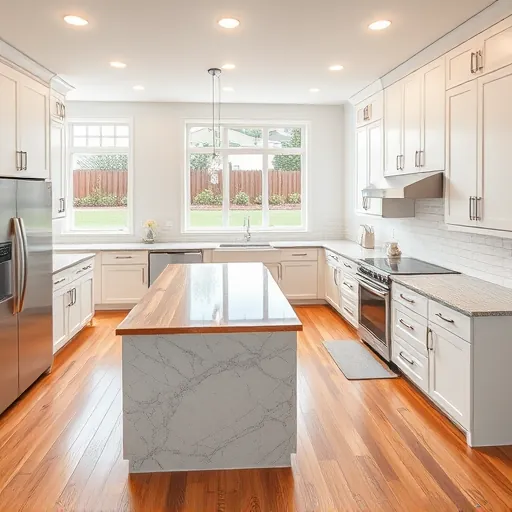 Modern kitchen remodel in East Chicago featuring granite countertops, stainless steel appliances, and warm hardwood flooring.