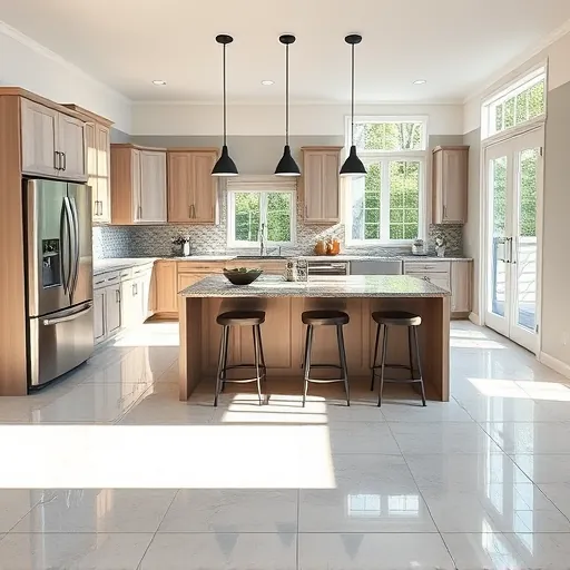 Spacious modern kitchen in Dyer IN features sleek cabinetry, granite countertops, and high-end appliances with natural light.