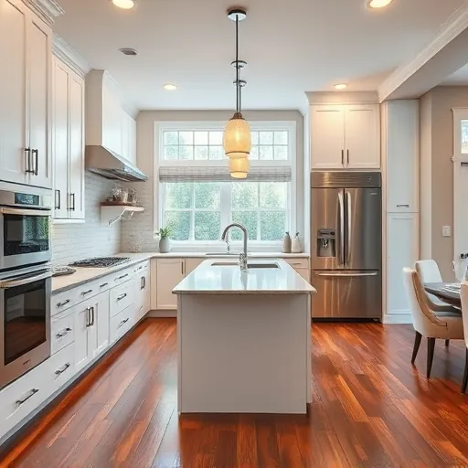 Modern East Chicago kitchen features sleek white cabinetry, stainless steel appliances, large island, and natural light.
