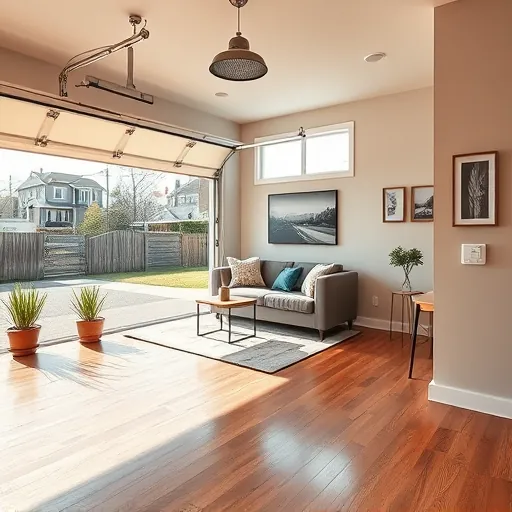 Finished garage conversion in East Chicago featuring modern decor, hardwood floors, large windows, and cozy seating