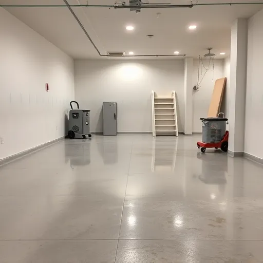 Water damage repair in East Chicago showing a restored basement with polished concrete floors, painted walls, insulation, and repair tools