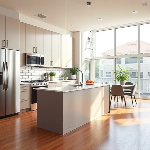 Recently remodeled East Chicago kitchen with matte modern cabinetry, stainless steel appliances, granite island and hardwood floors