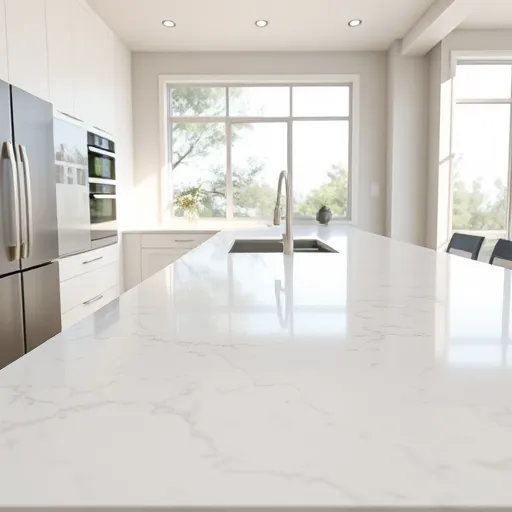 Beautiful glossy quartz kitchen countertop with gray and white veining in a modern, bright, tidy kitchen setting