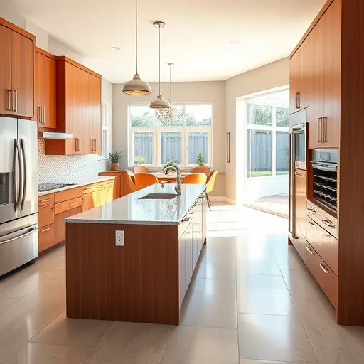 Modern remodeled kitchen in East Chicago with wood cabinets, stainless steel appliances, granite countertops, and large windows