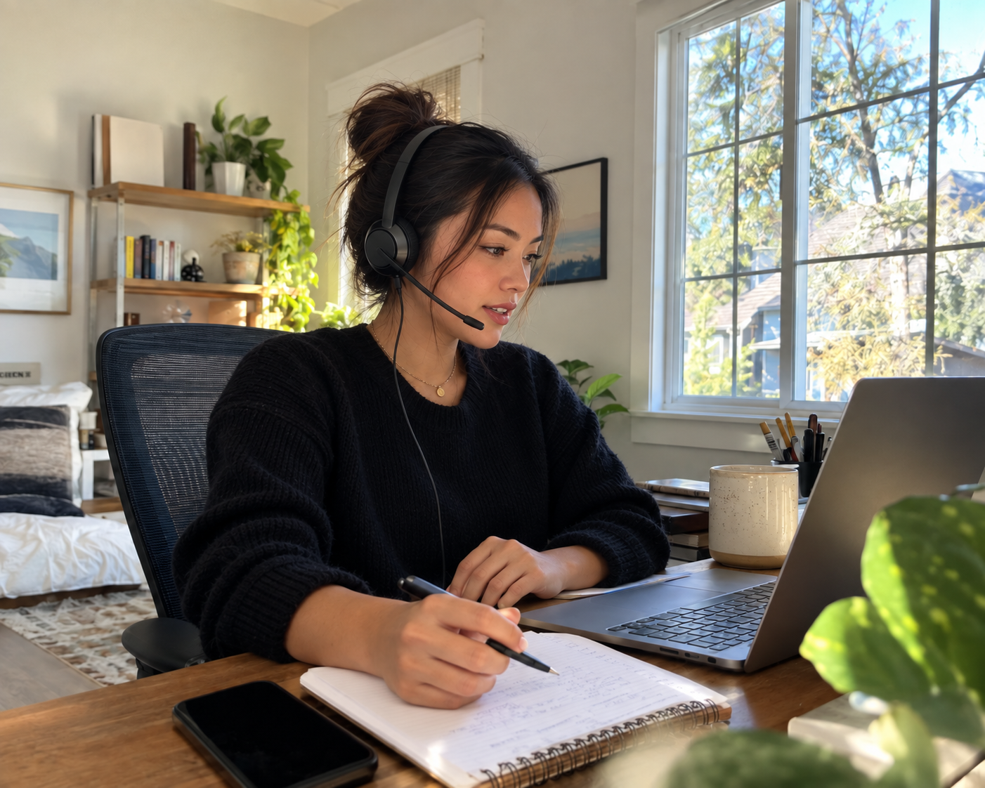Appointment setter in the Philippines wearing a headset and taking notes during a call at her home desk
