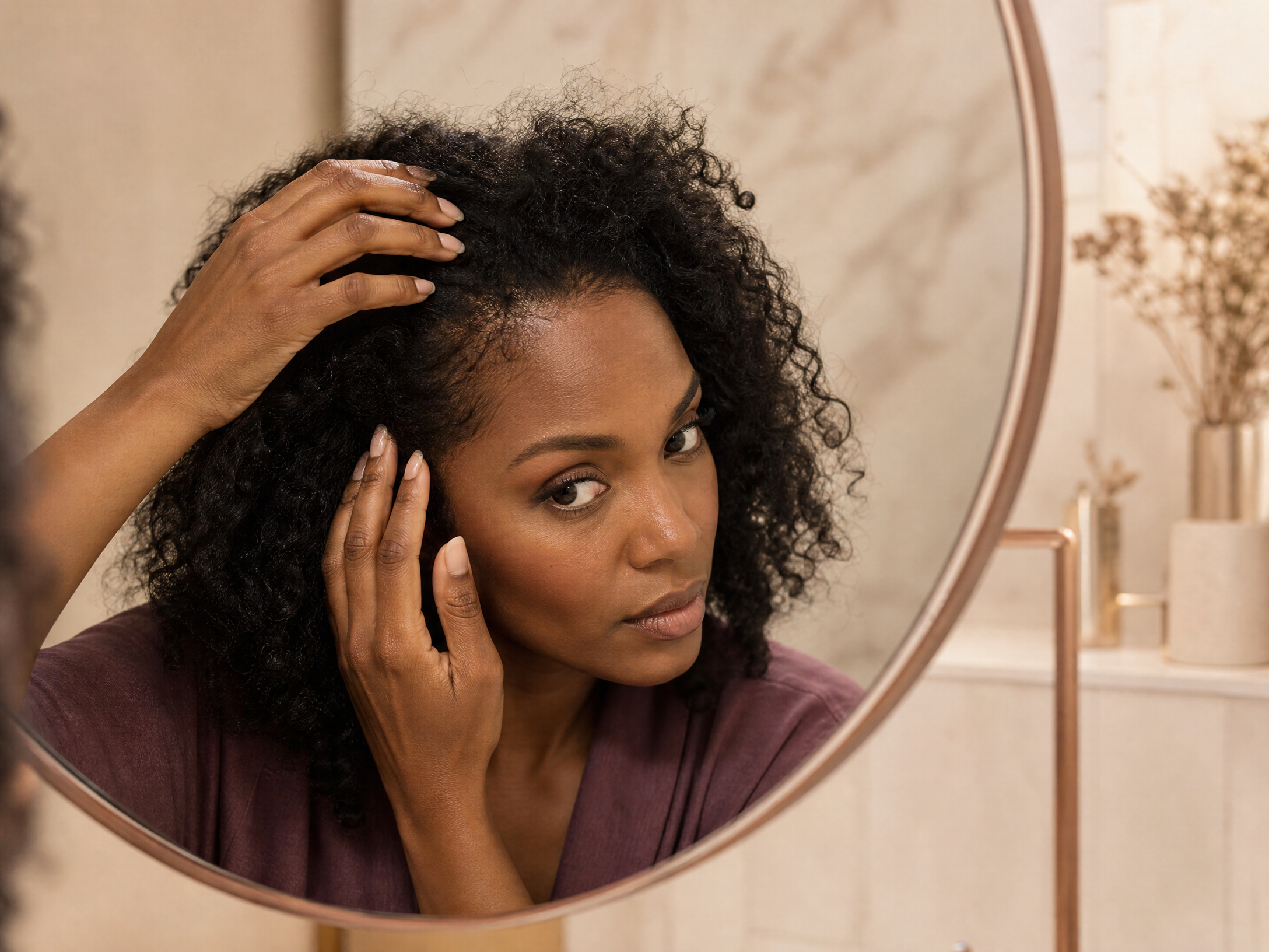 Woman examining her hairline in a mirror