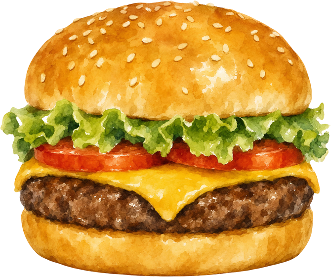 Watercolour illustration of a classic cheeseburger