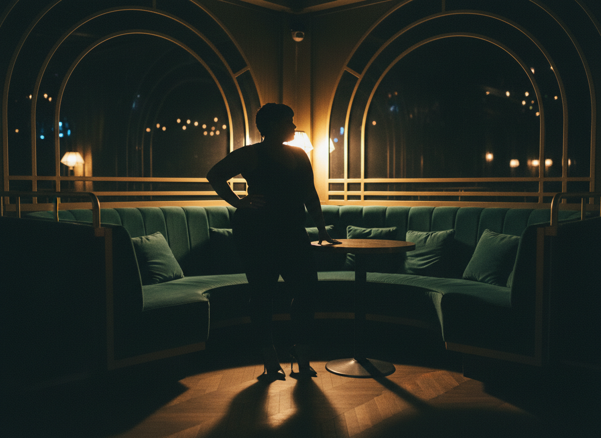 An accomplished woman seated in an elegant private library with warm lighting and deep wood paneling