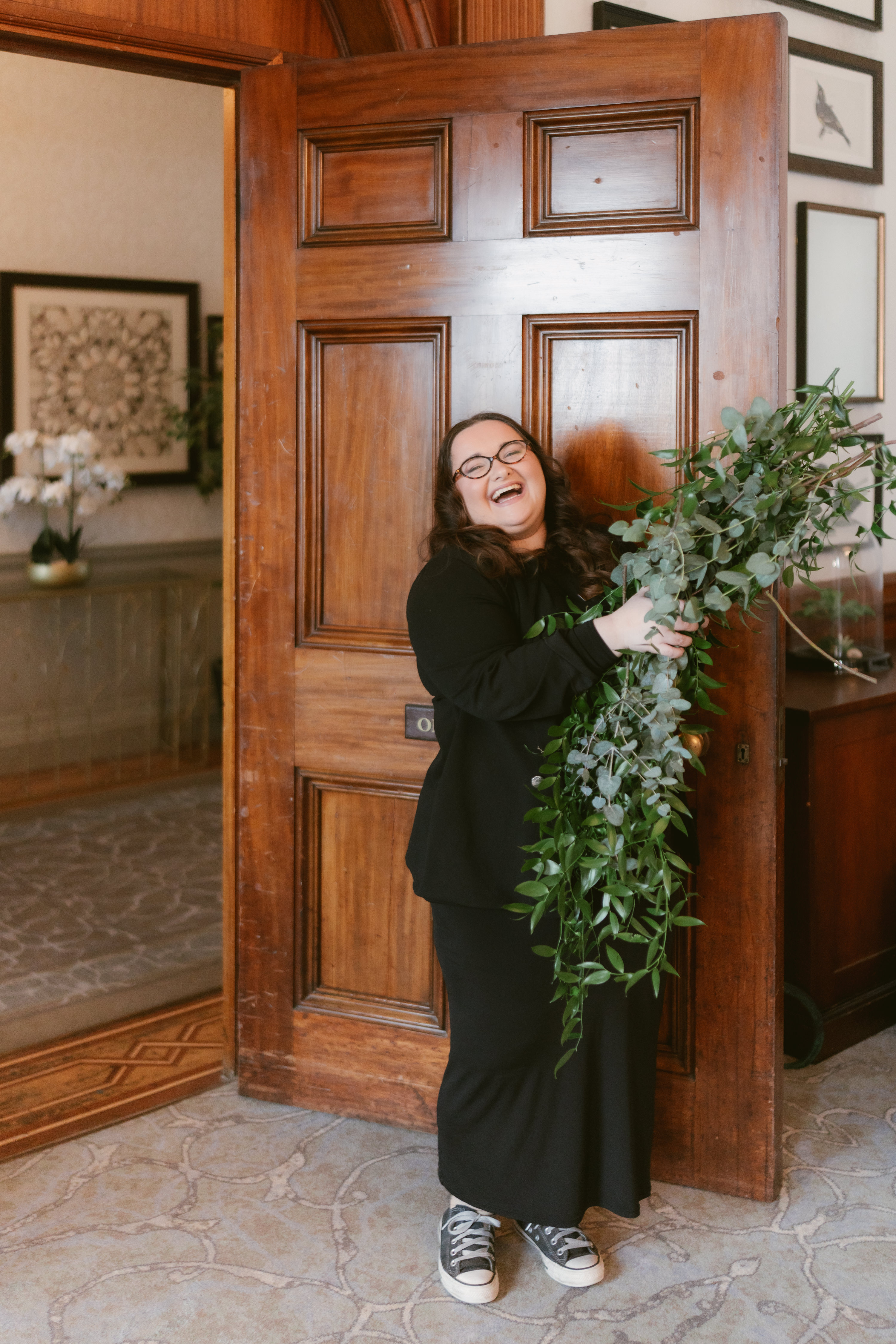 Wedding coordinator behind the scenes with greenery De Vere Wokefield Estate Berkshire styled shoot Wedding coordinator behind the scenes with greenery De Vere Wokefield Estate Berkshire styled shoot