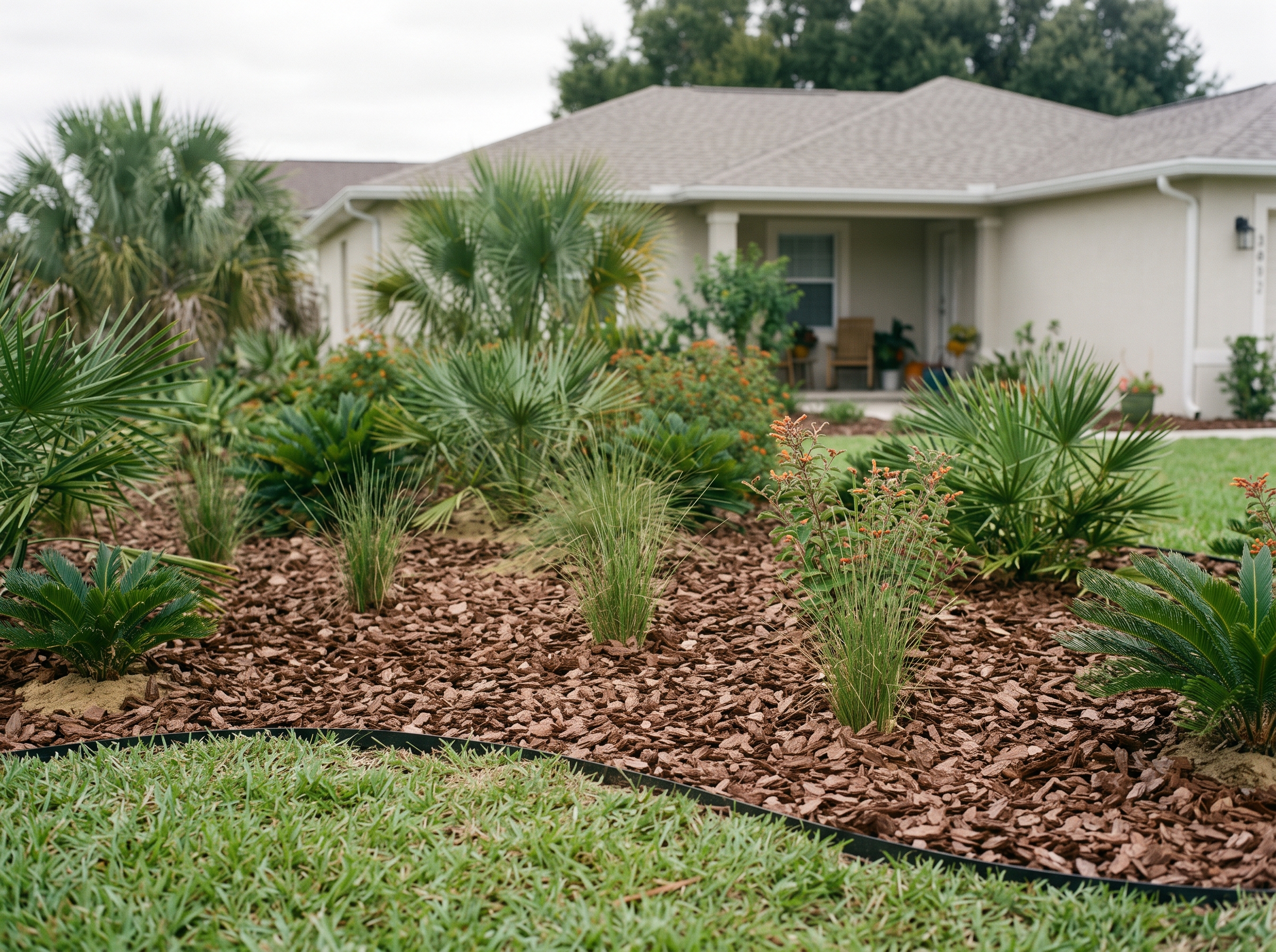 Native planting bed with muhly grass, coontie and saw palmetto in fresh brown mulch, cut to a clean edge against lawn