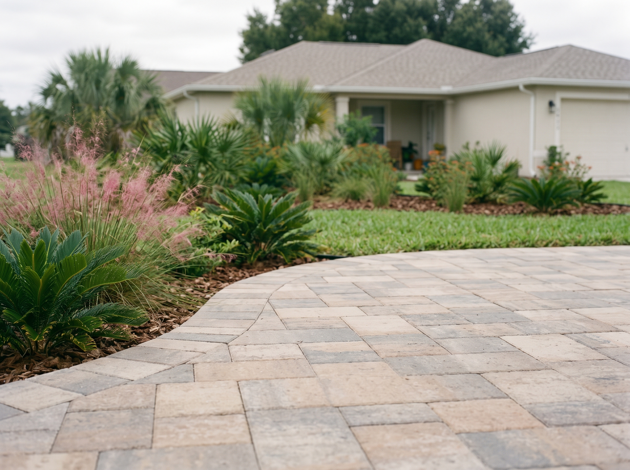 Paver patio in warm sand and grey tones curving around a planted bed of muhly grass and coontie
