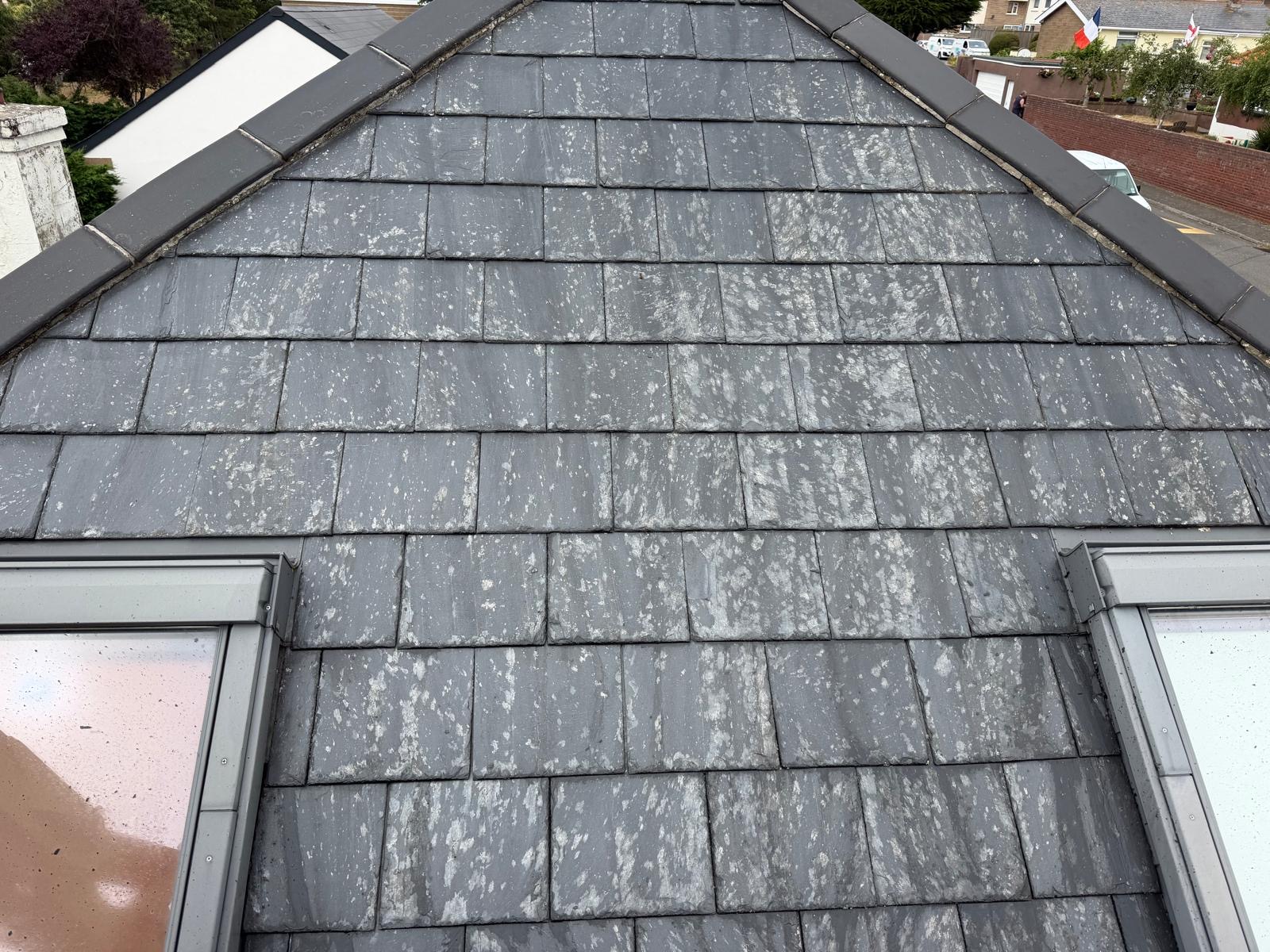 Grey slate-type roof showing widespread pale surface spotting and weathering before cleaning.