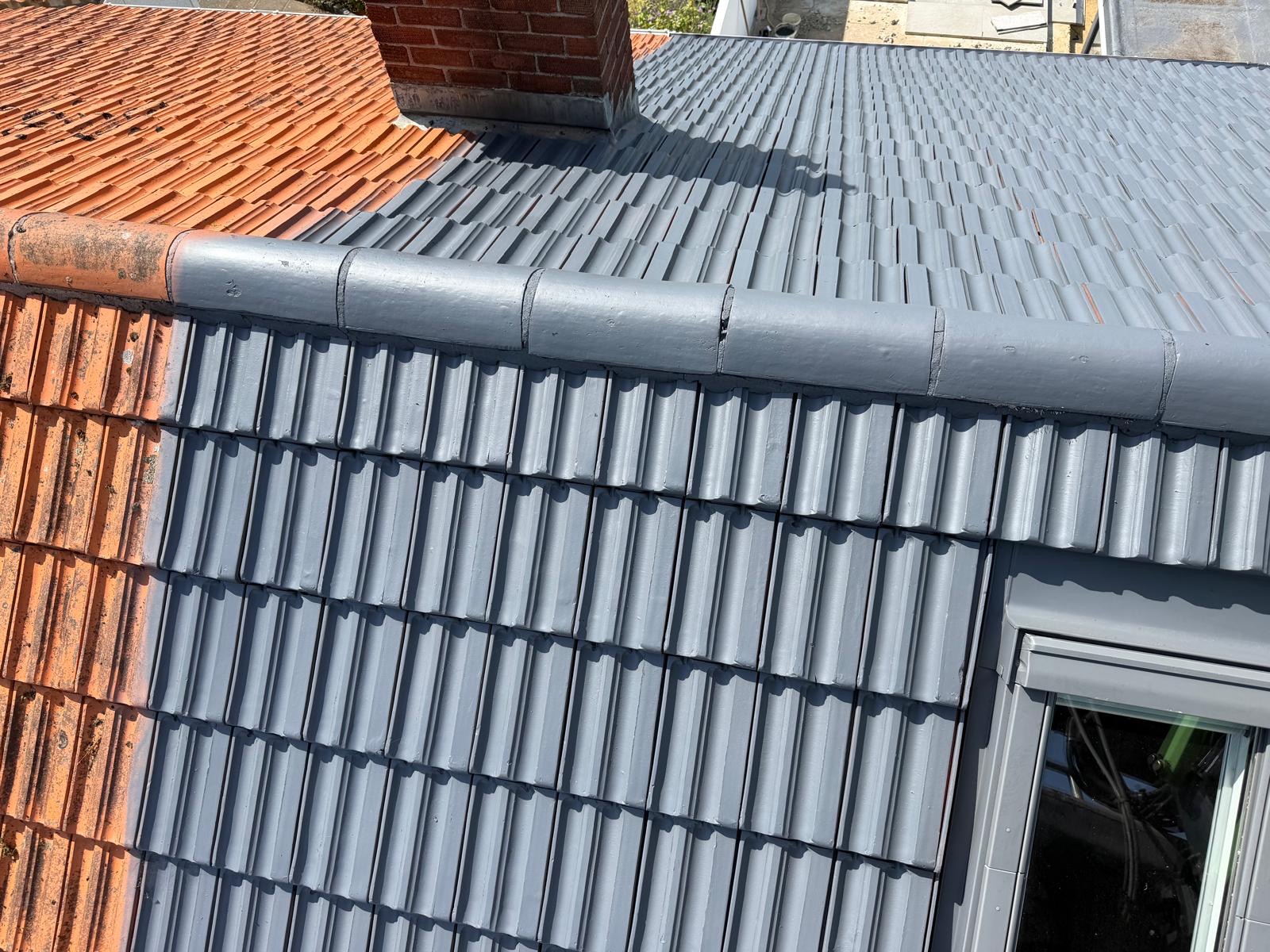 Roof restoration treatment being applied, with treated grey and untreated orange sections both visible.