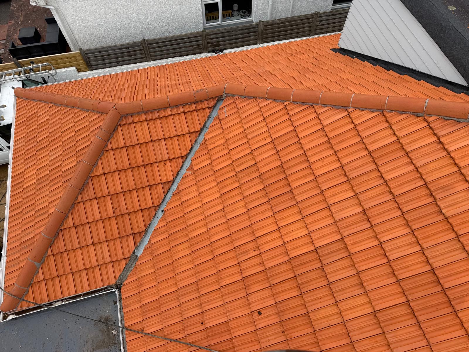 Orange tiled roof photographed from a different angle before restoration work began.