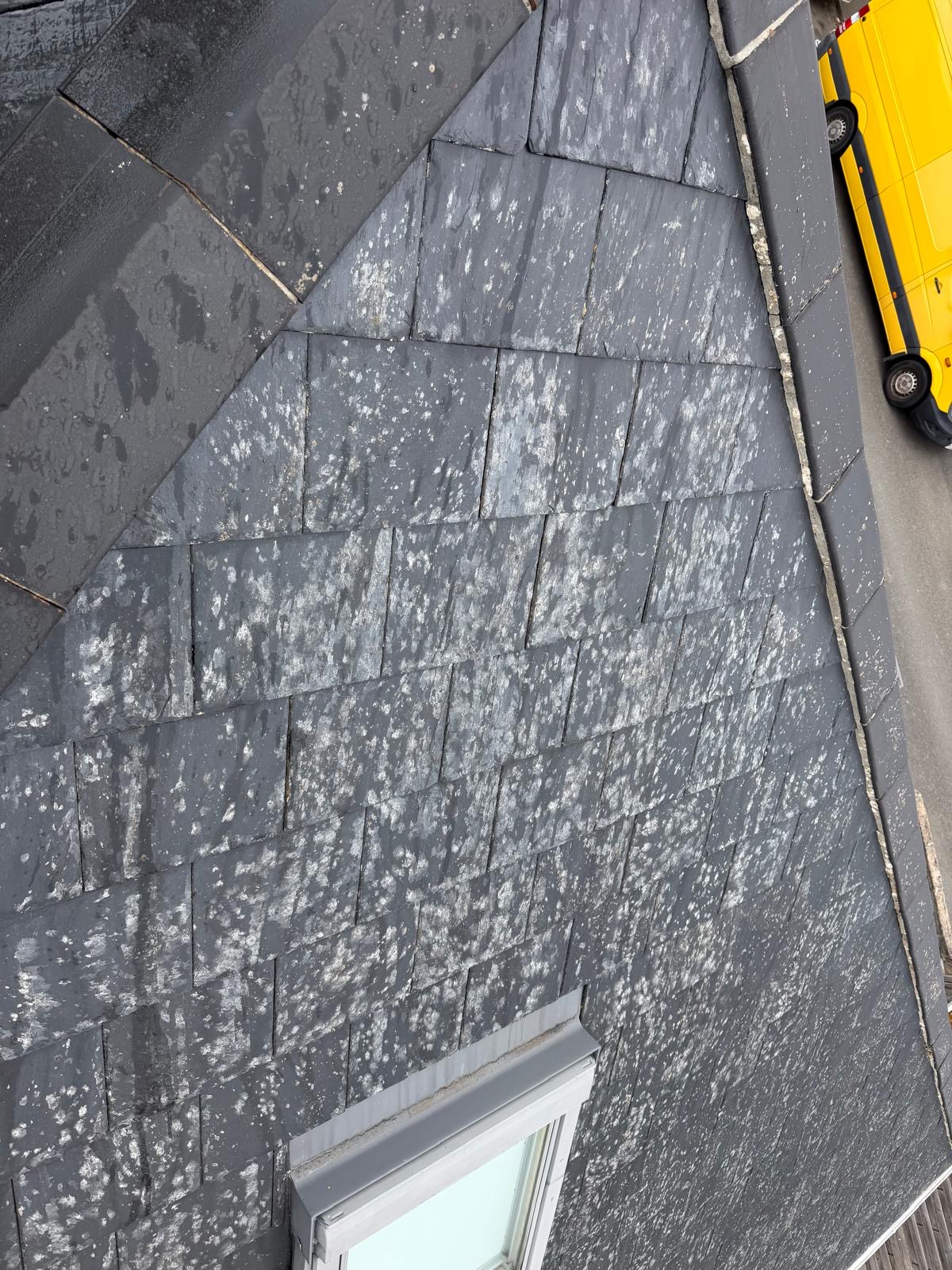 Weathered grey roof showing visible surface marking before cleaning.