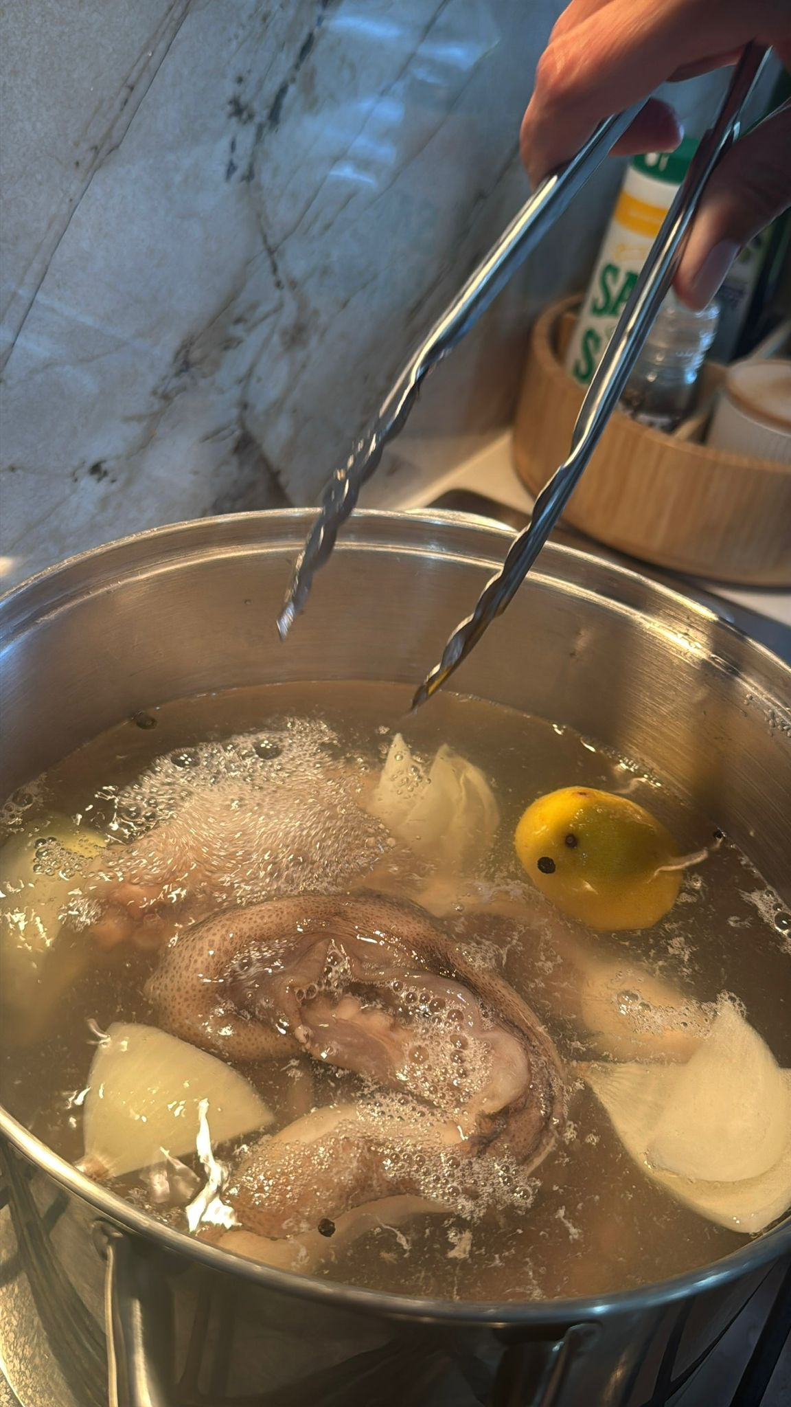 Grilled Octopus boiled in wine, lemon and bayleaf