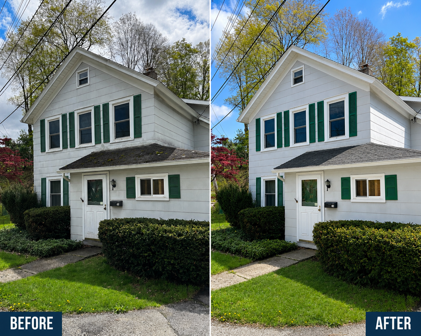 Before and after house washing comparison showing a white Hyde Park home before cleaning and after professional exterior soft washing. Before and after house washing comparison showing a white Hyde Park home before cleaning and after professional exterior soft washing.