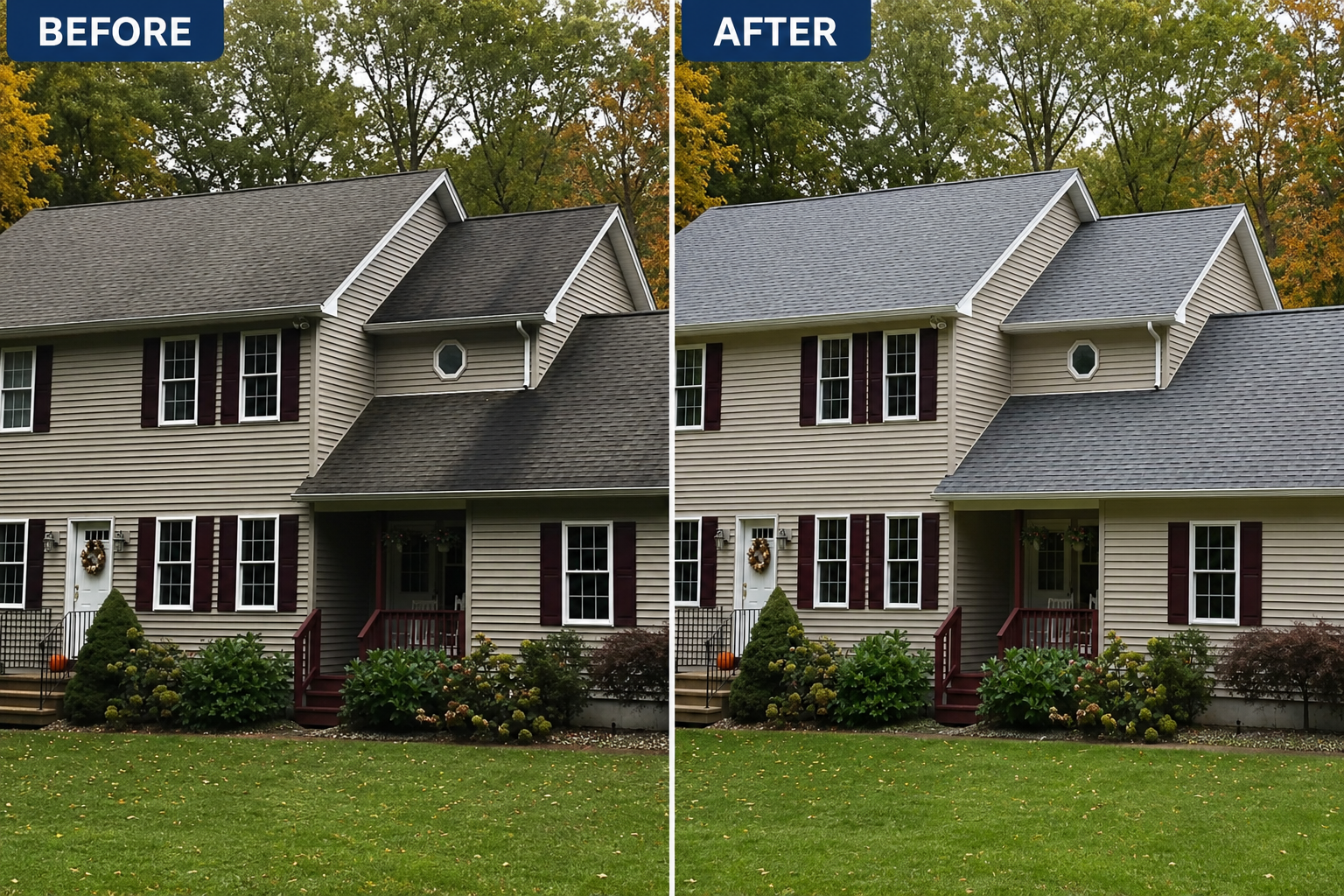 Before and after roof cleaning comparison showing black roof algae removal on an asphalt shingle roof in Rhinebeck, NY.