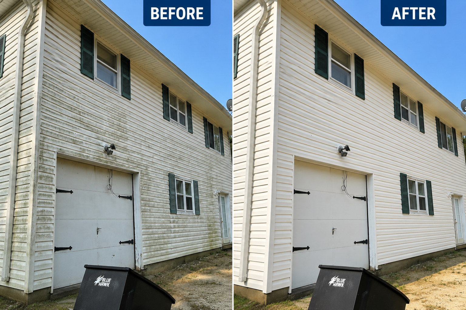 Before and after house washing comparison showing heavy algae-stained vinyl siding cleaned on a residential home in Saugerties, NY.