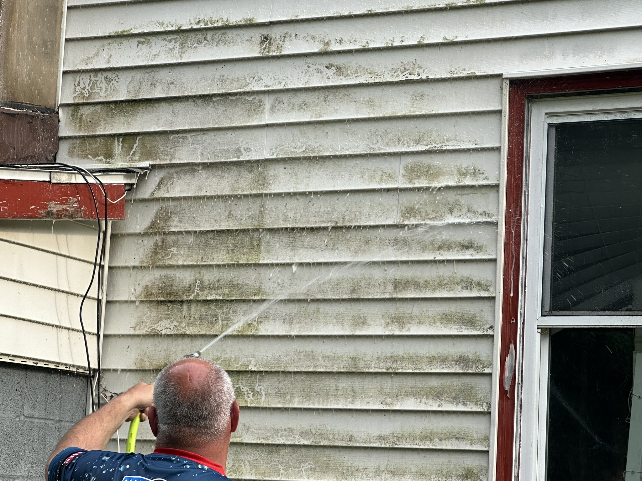 Soft washing process removing green algae and organic buildup from dirty vinyl siding on a residential property.