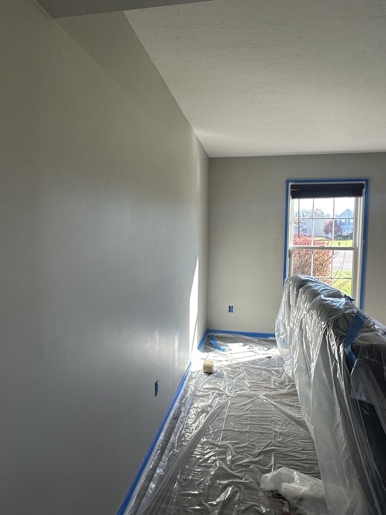 Fresh coat of paint on walls with protection still in place