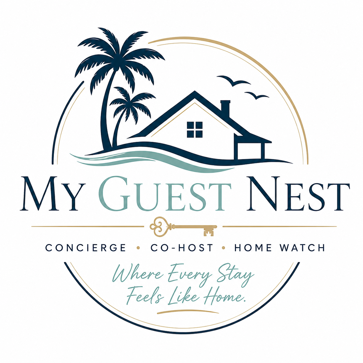 My Guest Nest logo: Concierge, Co-Host, Home Watch. Where every stay feels like home.