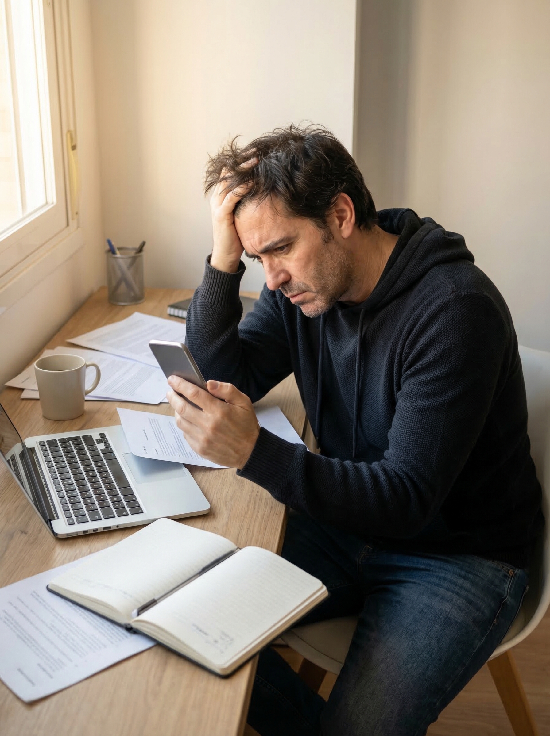 Hombre de negocios preocupado mirando el móvil