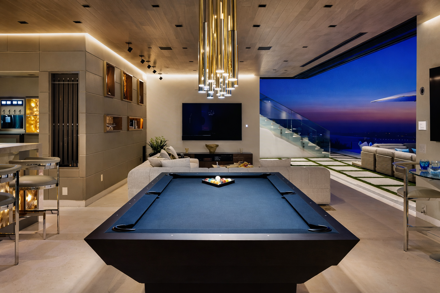 Sophisticated entertainment room at twilight