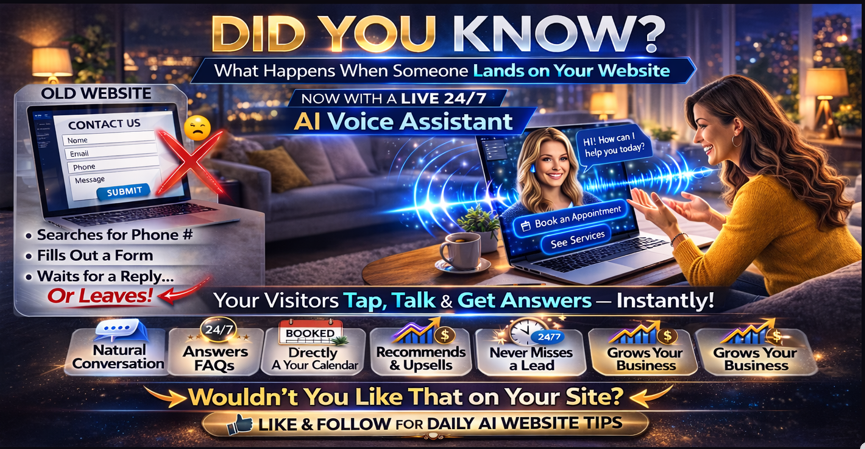 Laptop showing a business website with a voice chat button