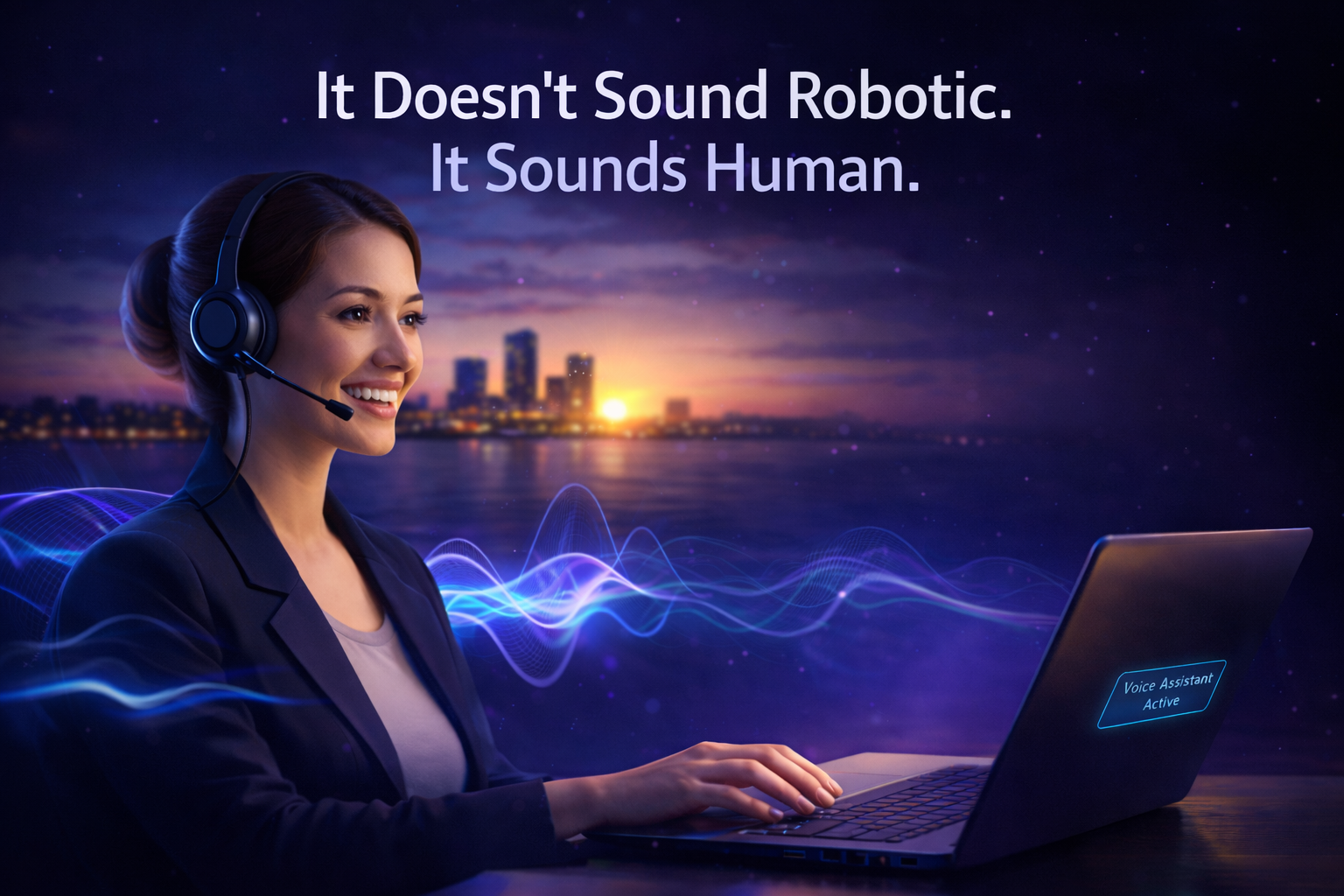 Friendly professional voice assistant speaking naturally with headset