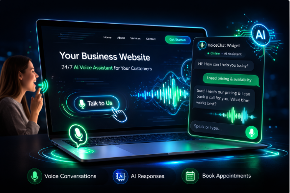 Voice-enabled website assistant showing real-time conversation and booking interface