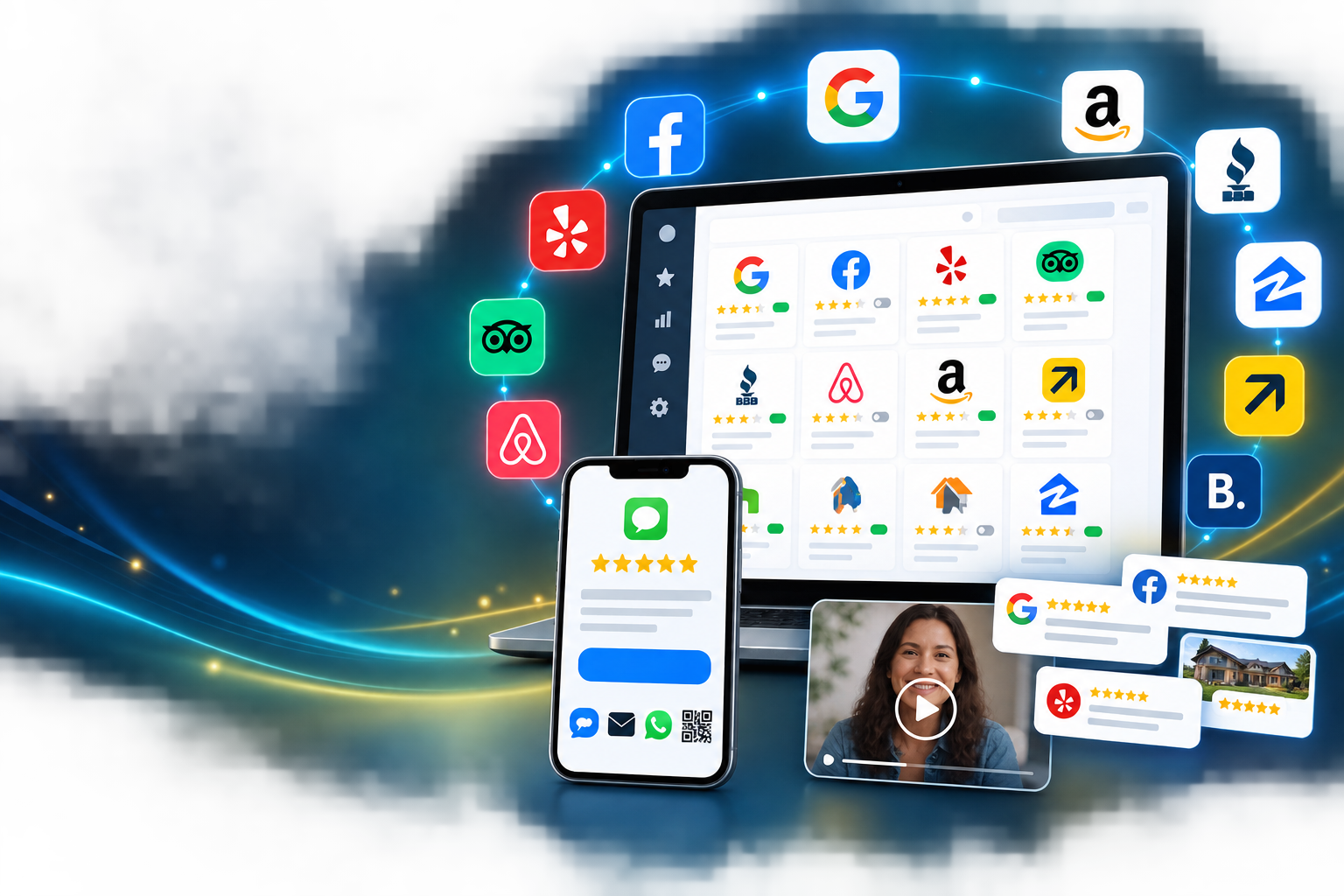 Online review platforms, customer review requests and video testimonials
