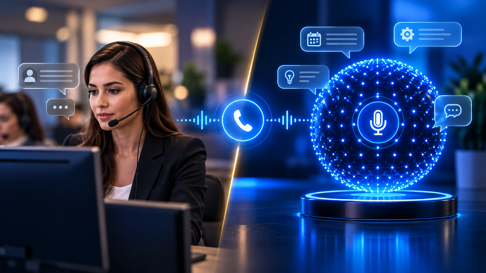 Traditional human answering service receptionist on the left and YAIVA blue Smart AI Voice Assistant sphere on the right