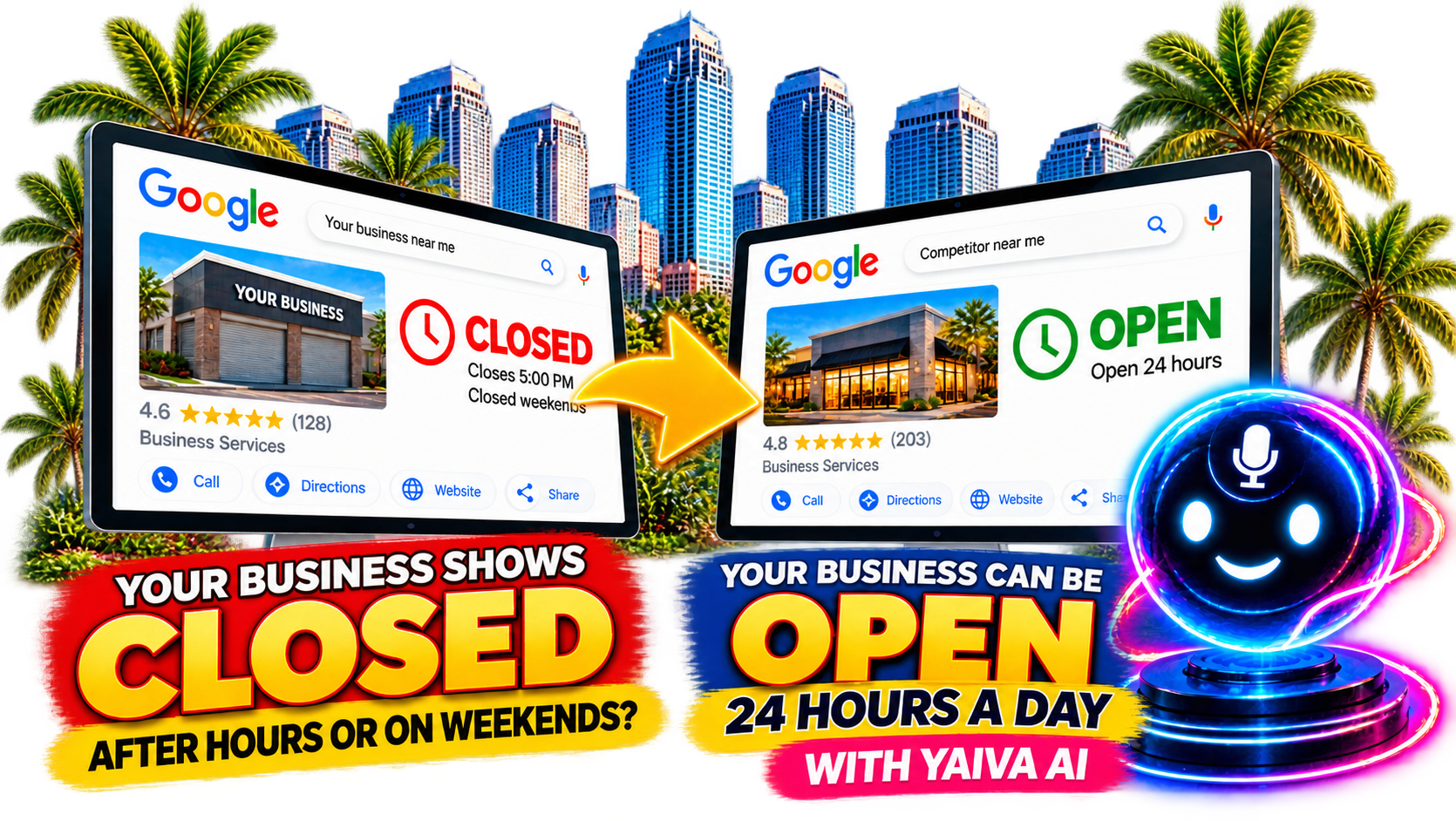 Google business listing closed after hours compared with 24 hour AI call coverage from YAIVA