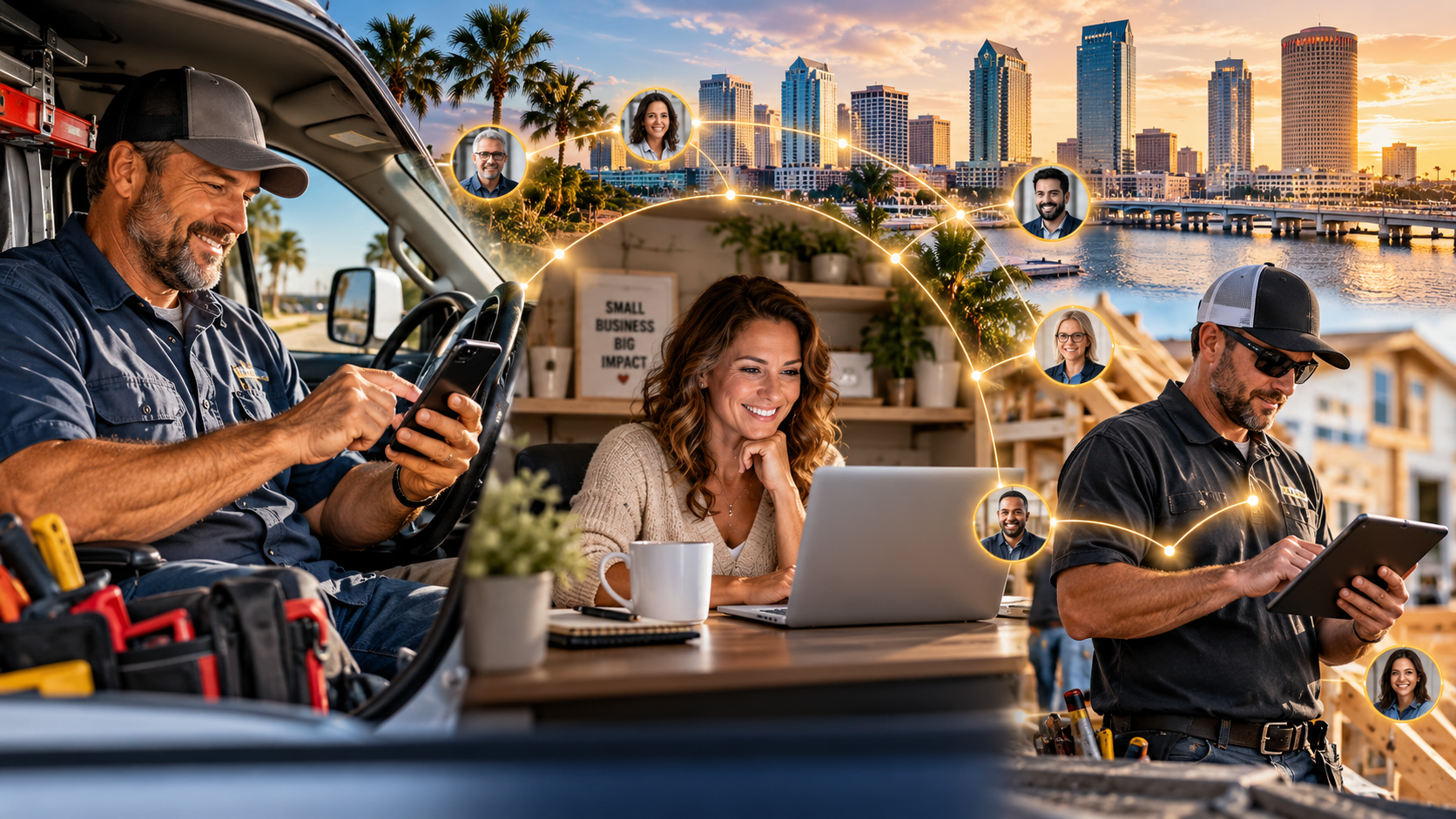 Busy Tampa Bay business owners staying connected from a work truck, home office, and jobsite