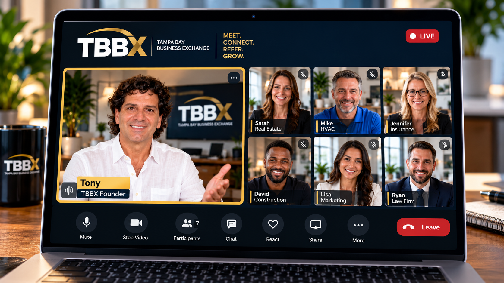TBBX online networking meeting showing local business owners and a featured speaker