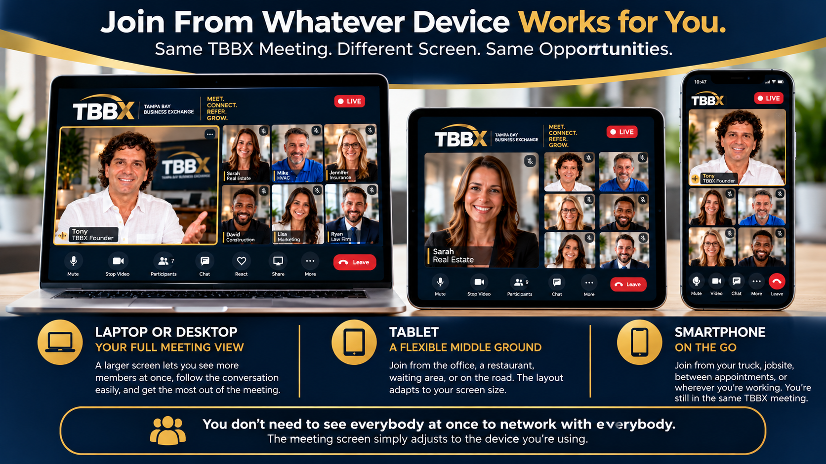 TBBX online business networking meeting shown on laptop, tablet, and smartphone