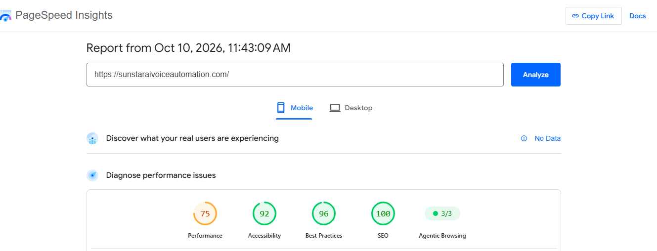 SunStar Google PageSpeed Insights mobile report dated October 10, 2026, showing performance 75, accessibility 92, best practices 96, SEO 100 and agentic browsing 3 out of 3.