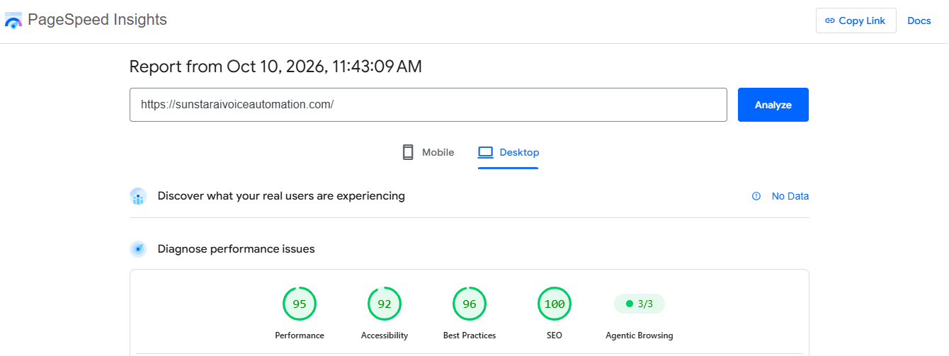 SunStar Google PageSpeed Insights desktop report dated October 10, 2026, showing performance 95, accessibility 92, best practices 96, SEO 100 and agentic browsing 3 out of 3.