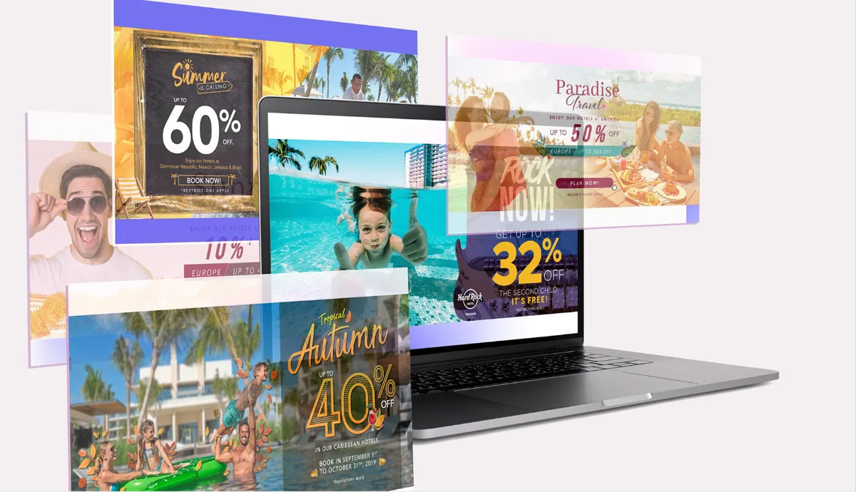 Banners digitales de promociones turísticas en laptop y formatos para redes