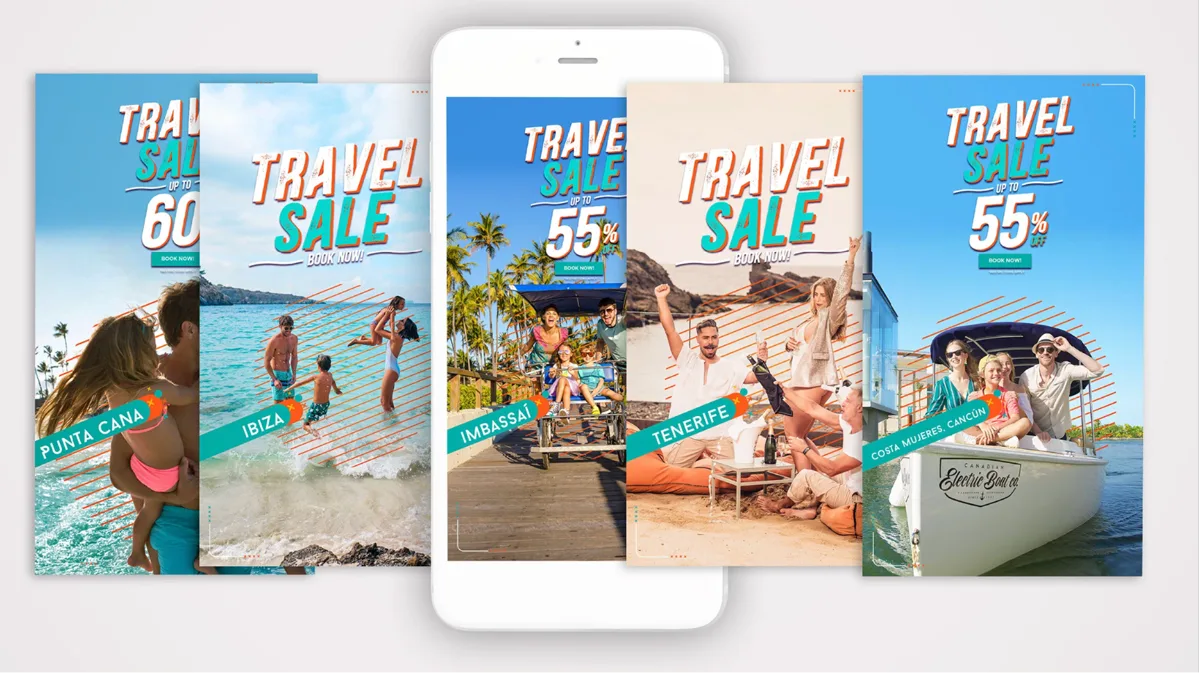 Campaña de historias para redes sociales de promociones de viaje, diseñada por Brandito