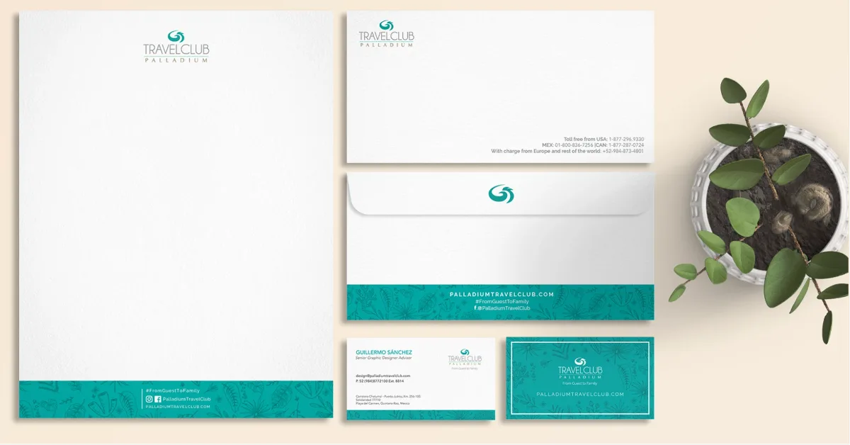 Papelería corporativa: hoja membretada, sobres y tarjetas de presentación