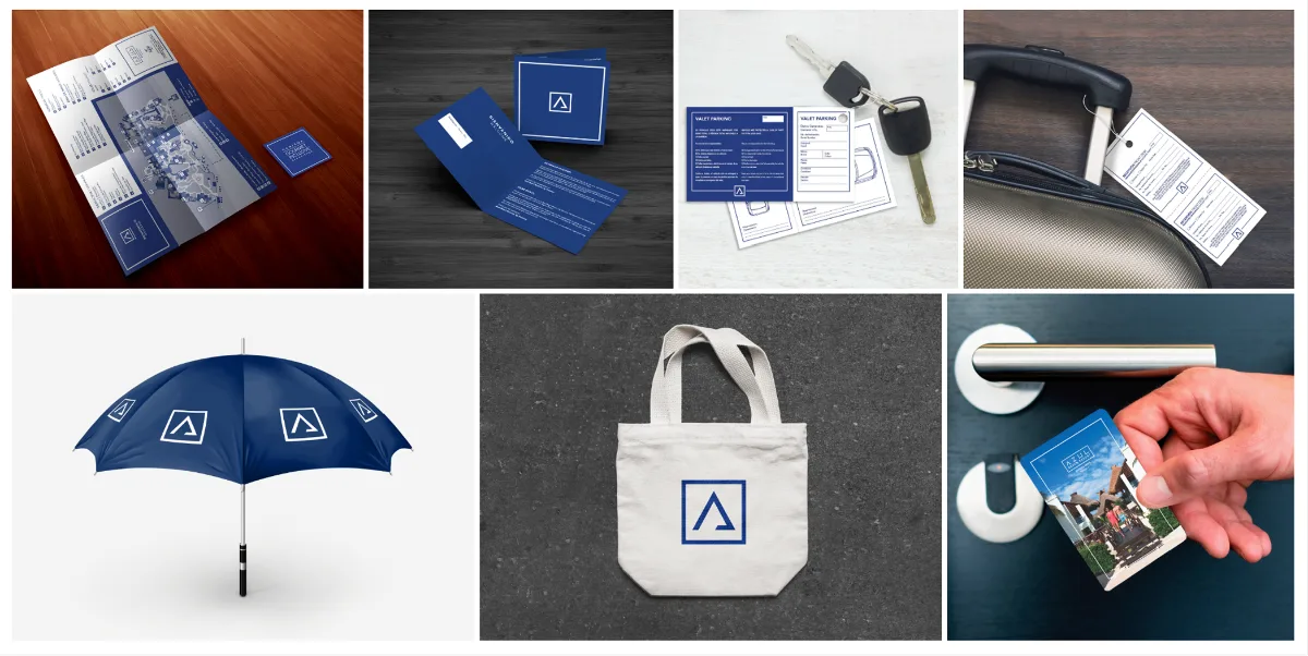 Aplicaciones de identidad corporativa: tarjeta llave, paraguas, tote bag y señalética