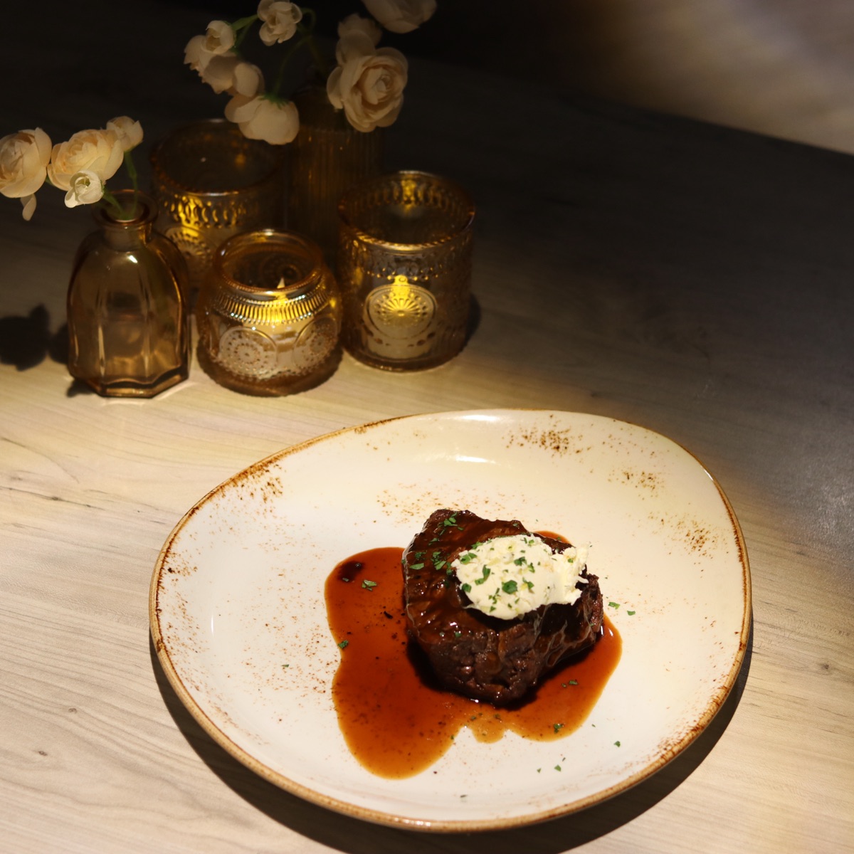 Char-grilled filet with charred leek butter