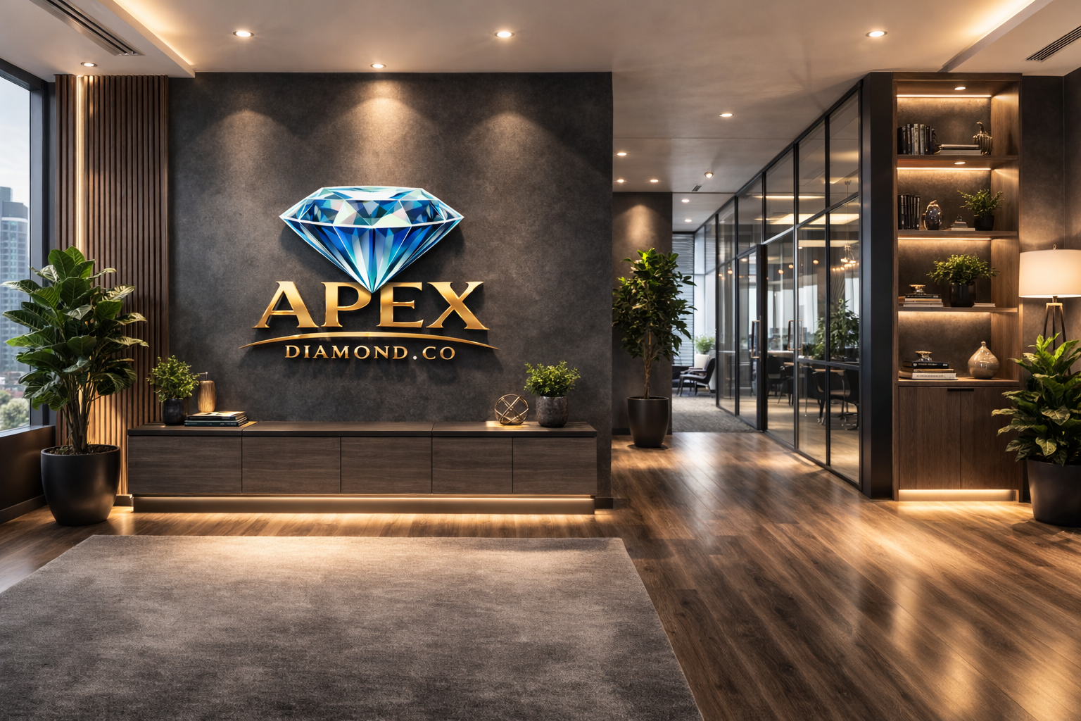 Apex Diamond Company showroom with lab-grown diamond jewelry business branding