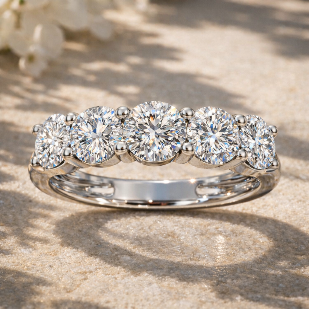 5-Stone Round Diamond Wedding Band in White Gold