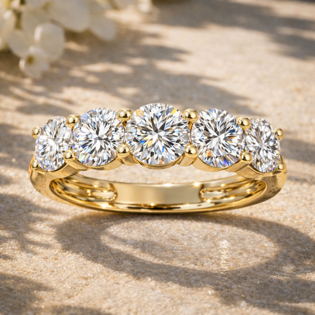 5-Stone Round Diamond Wedding Band in Yellow Gold