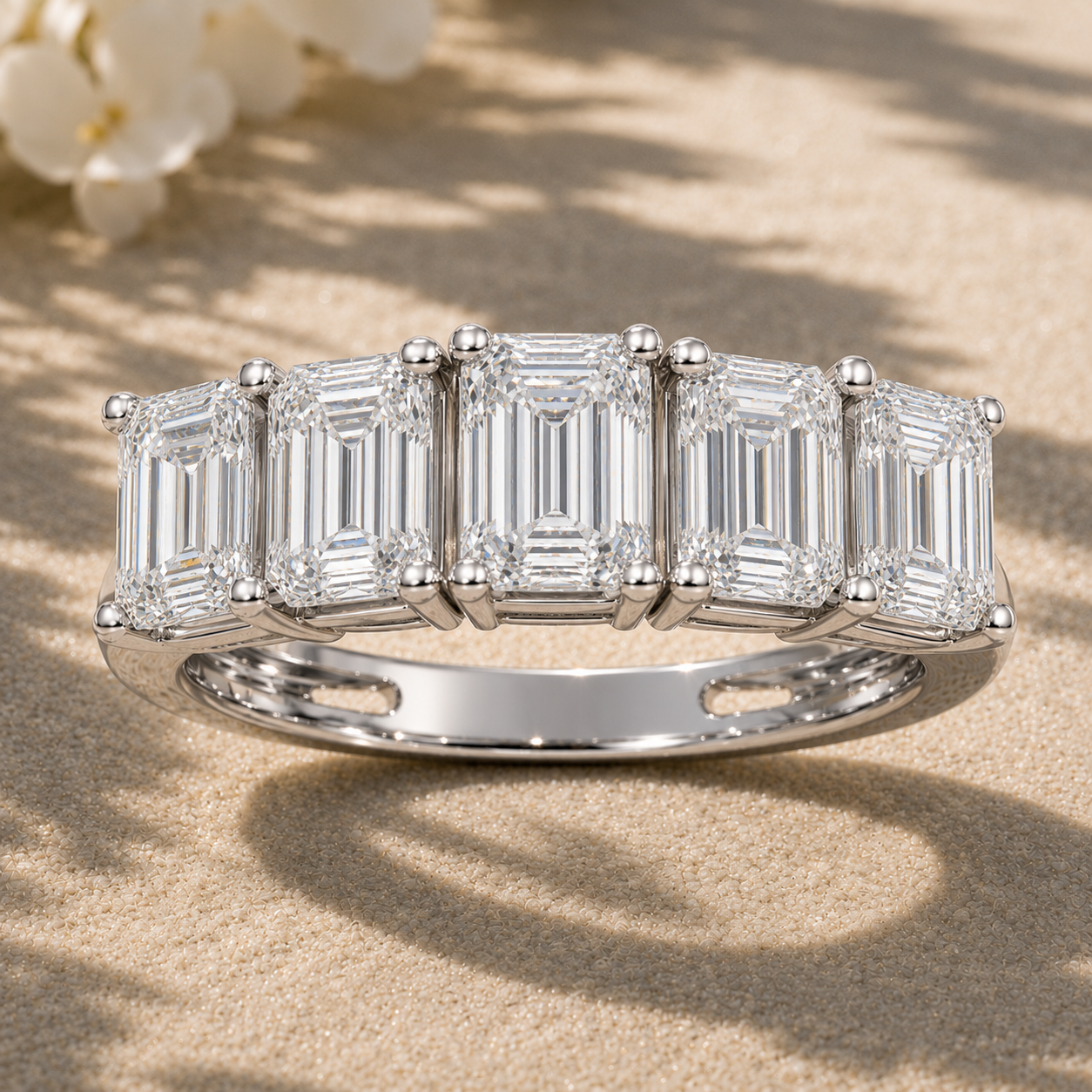 5-Stone Emerald Diamond Wedding Band in White Gold