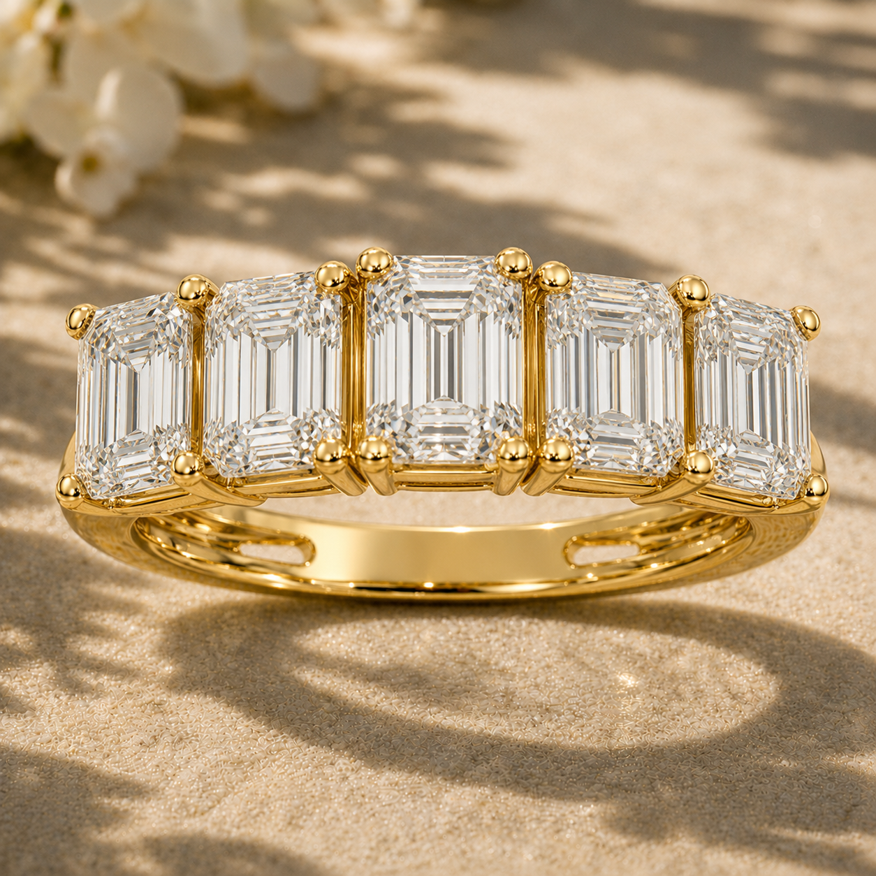 5-Stone Emerald Diamond Wedding Band in Yellow Gold
