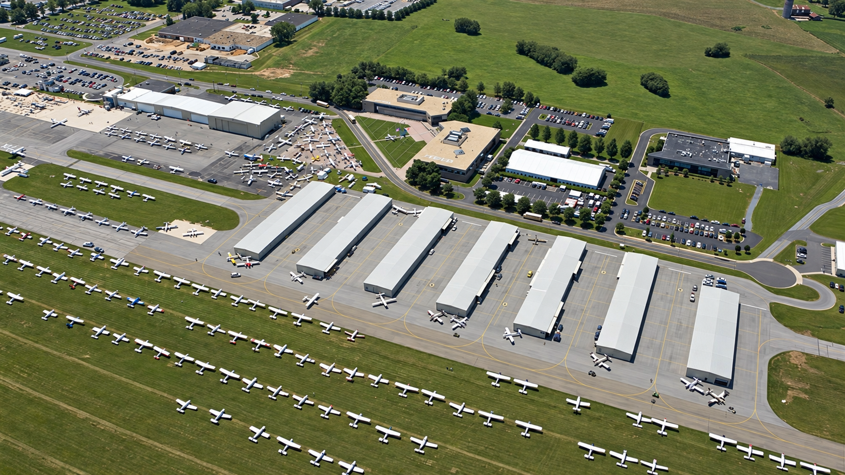 Private aircraft parked on a regional airport ramp